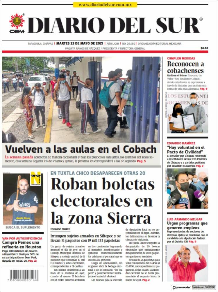 Portada de El Diario del Sur (México)