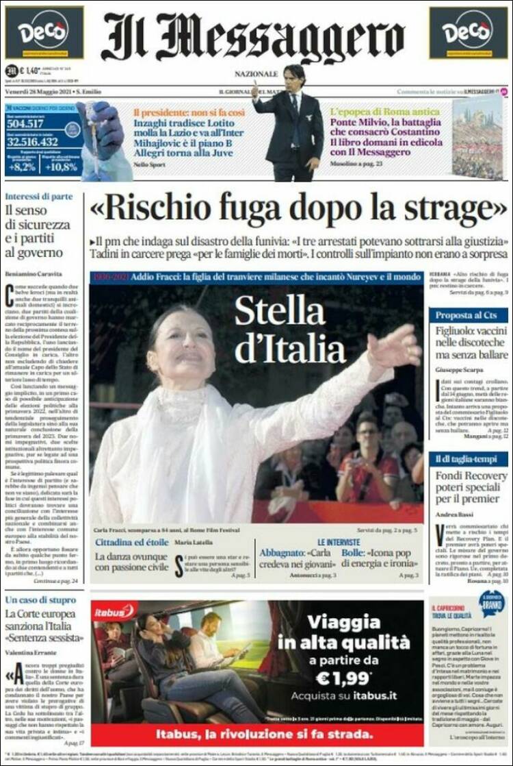 Portada de Il Messaggero (Italia)