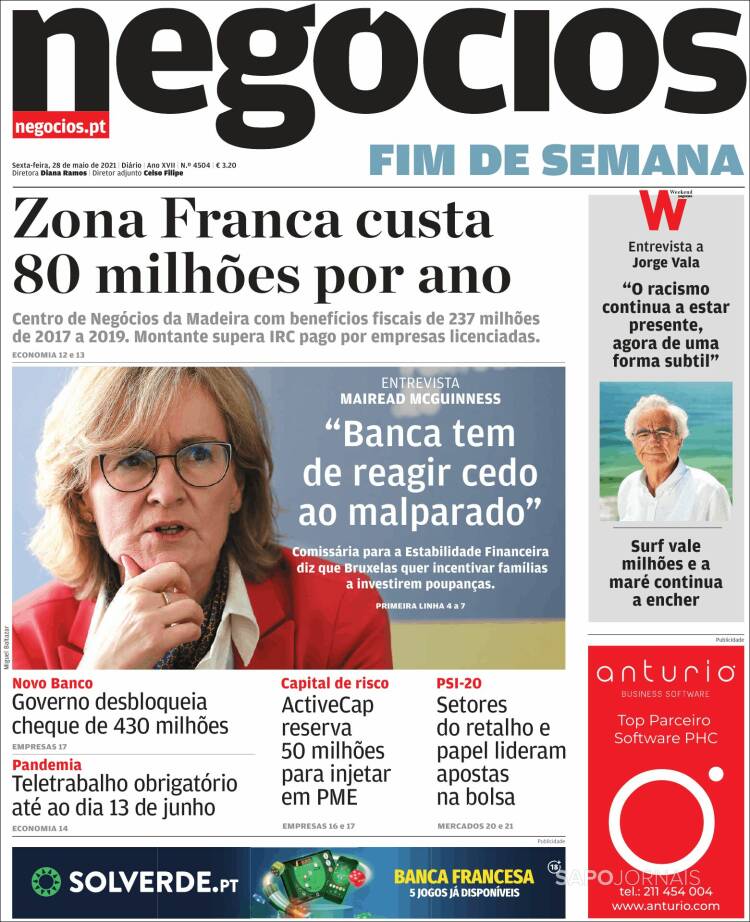 Portada de Jornal de Negócios (Portugal)