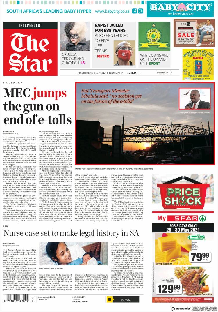 Portada de The Star (Sud&aacute;frica)