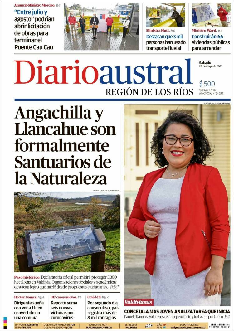 Portada de El Diario Austral de Valdivia (Chile)