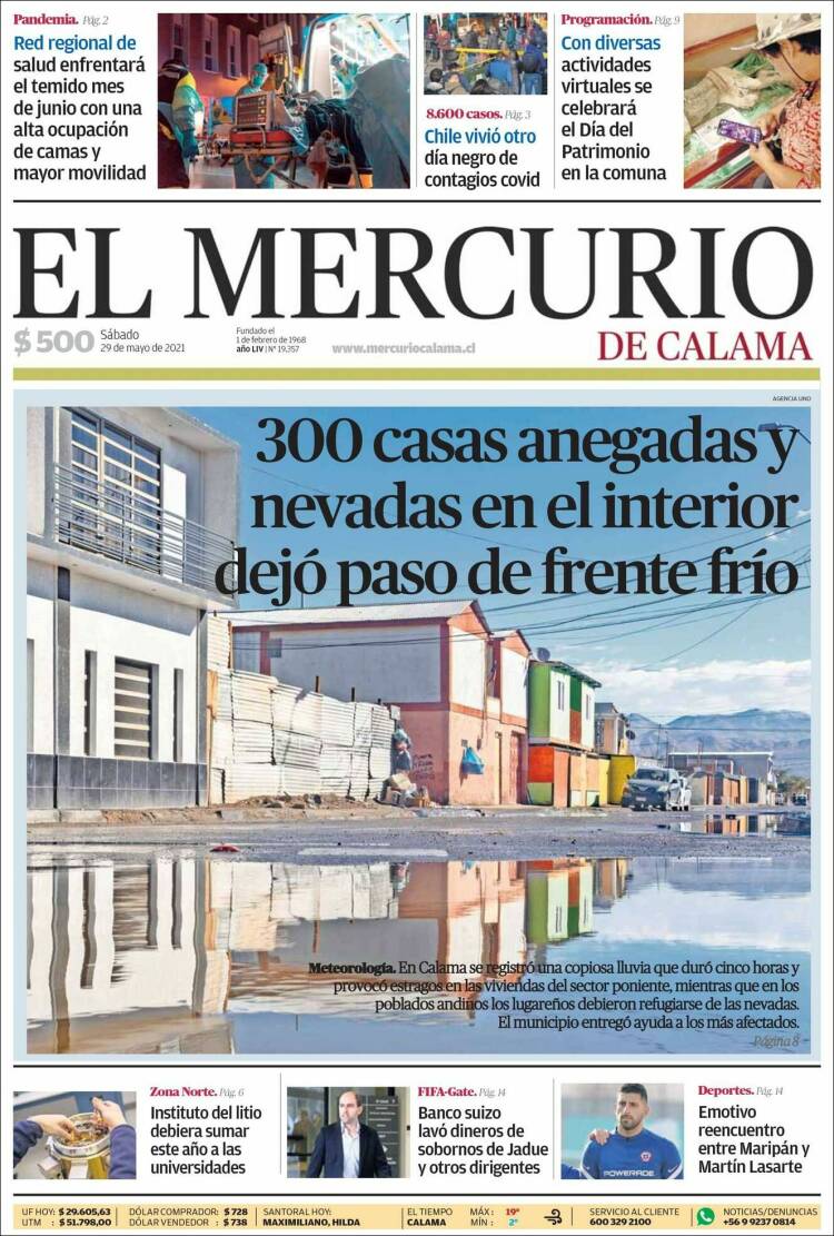 Portada de El Mercurio - Calama (Chile)
