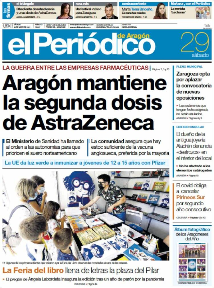 Portada de El Periódico de Aragón (España)