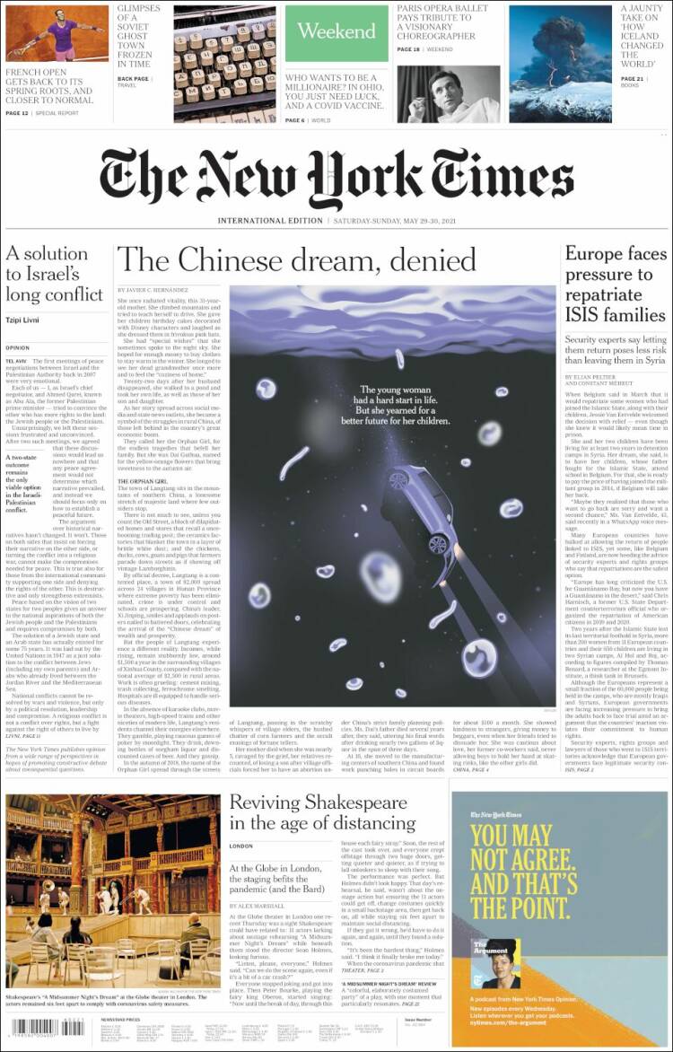 Portada de International New York Times (Europa)
