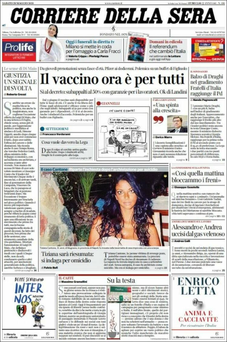 Portada de Corriere della Sera (Italia)