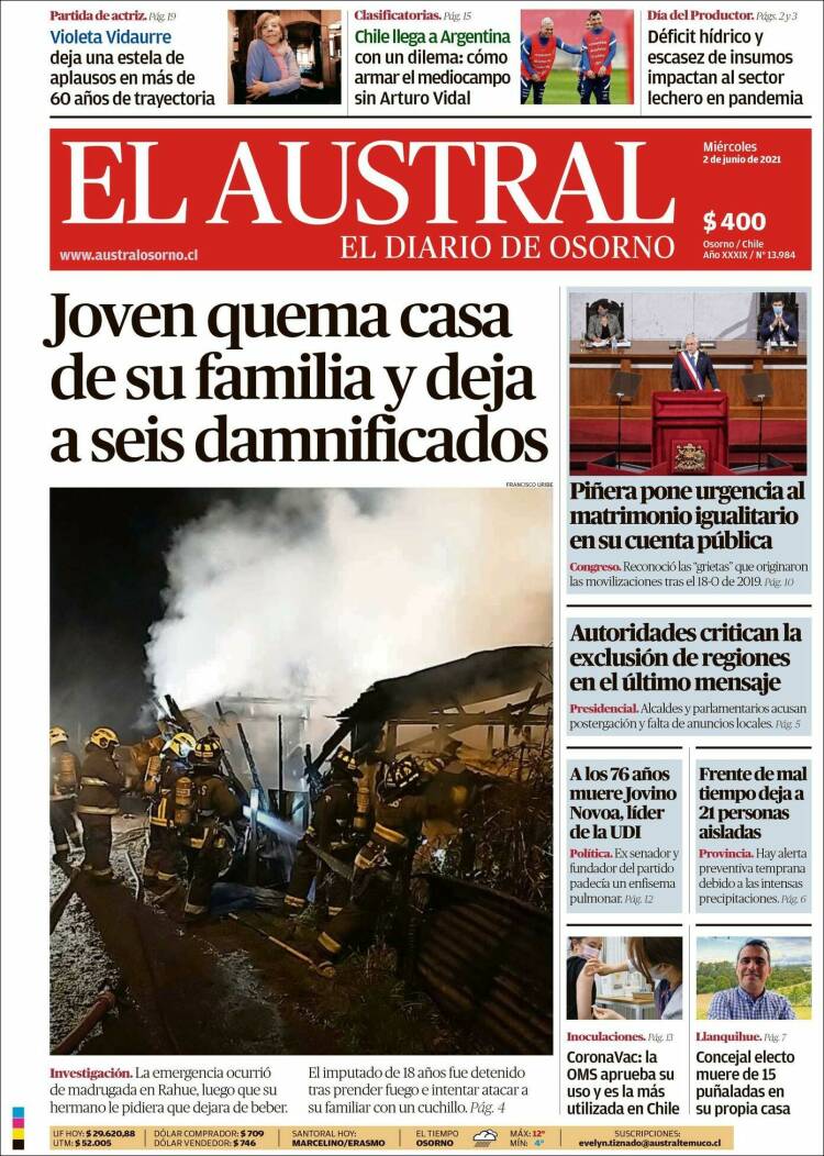 Portada de El Austral de Osorno (Chile)