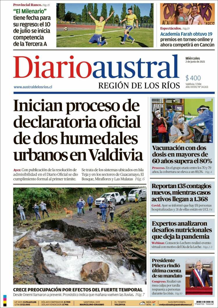 Portada de El Diario Austral de Valdivia (Chile)