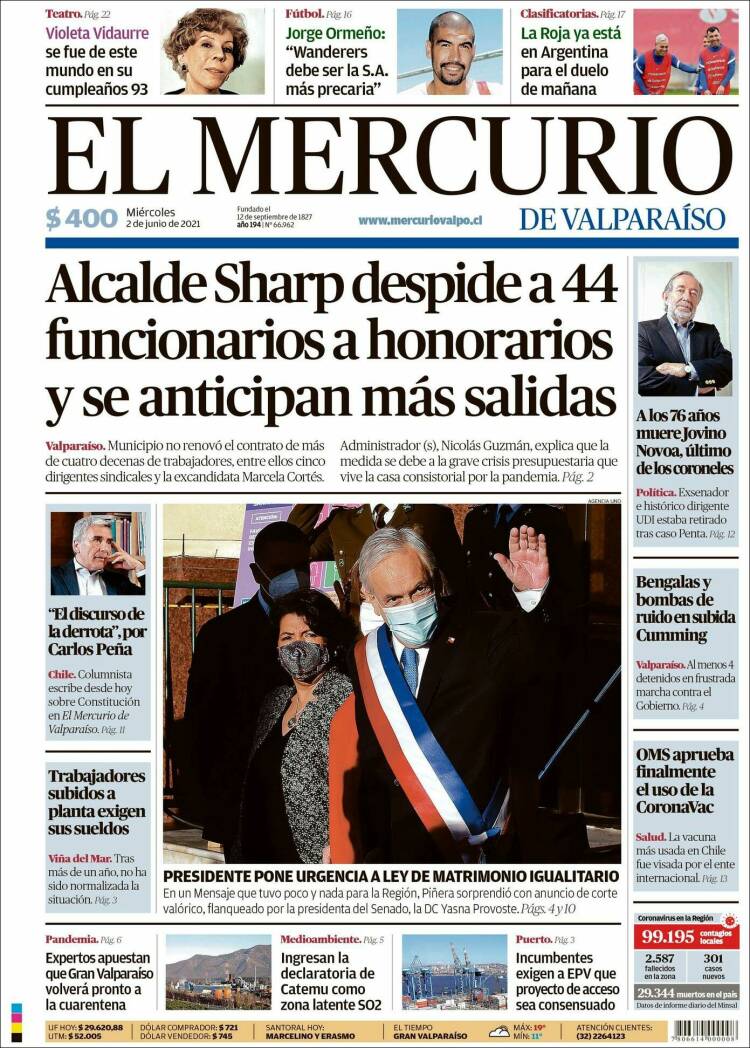 Portada de Mercurio de Valparaiso (Chile)