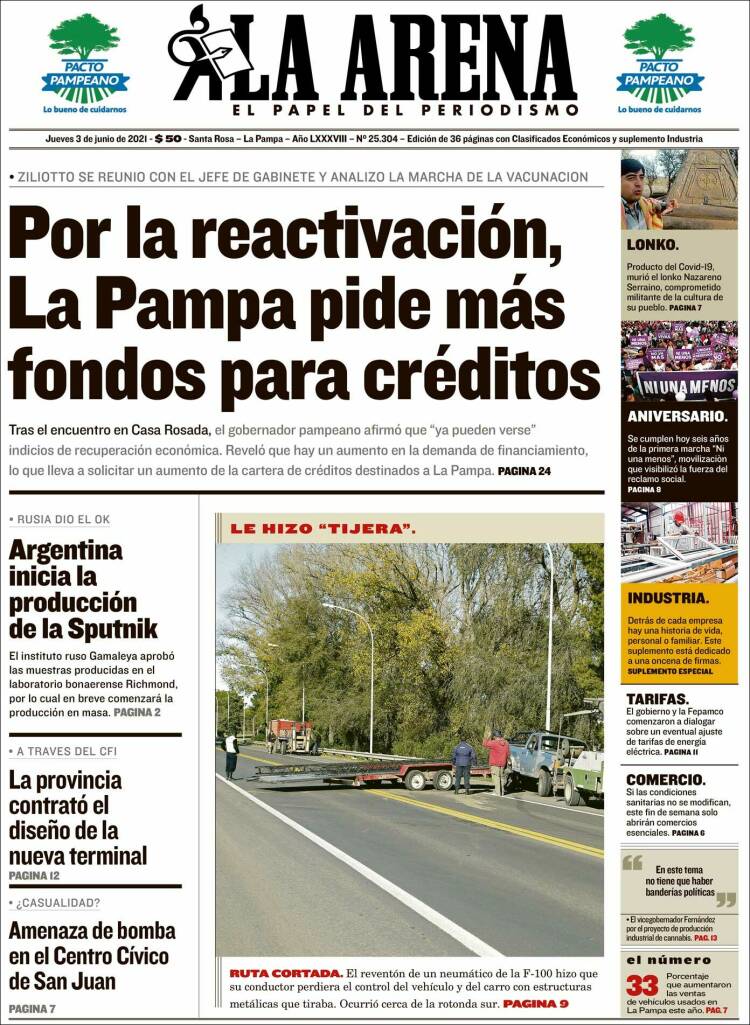 Portada de Diario La Arena (Argentina)