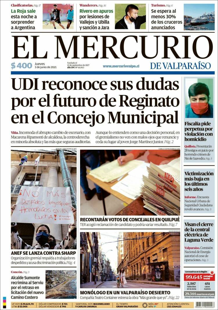 Portada de Mercurio de Valparaiso (Chile)