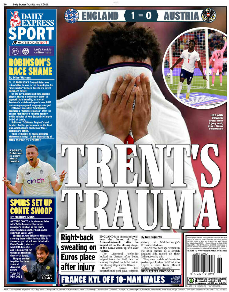 Newspaper Express Sport (United Kingdom). Newspapers in United Kingdom.  Thursday's edition, June 3 of 2021. 