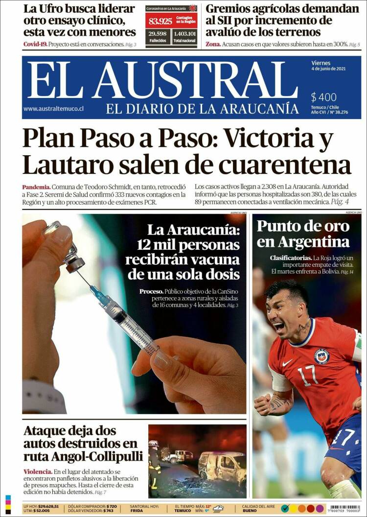 Portada de El Austral de Temuco (Chile)