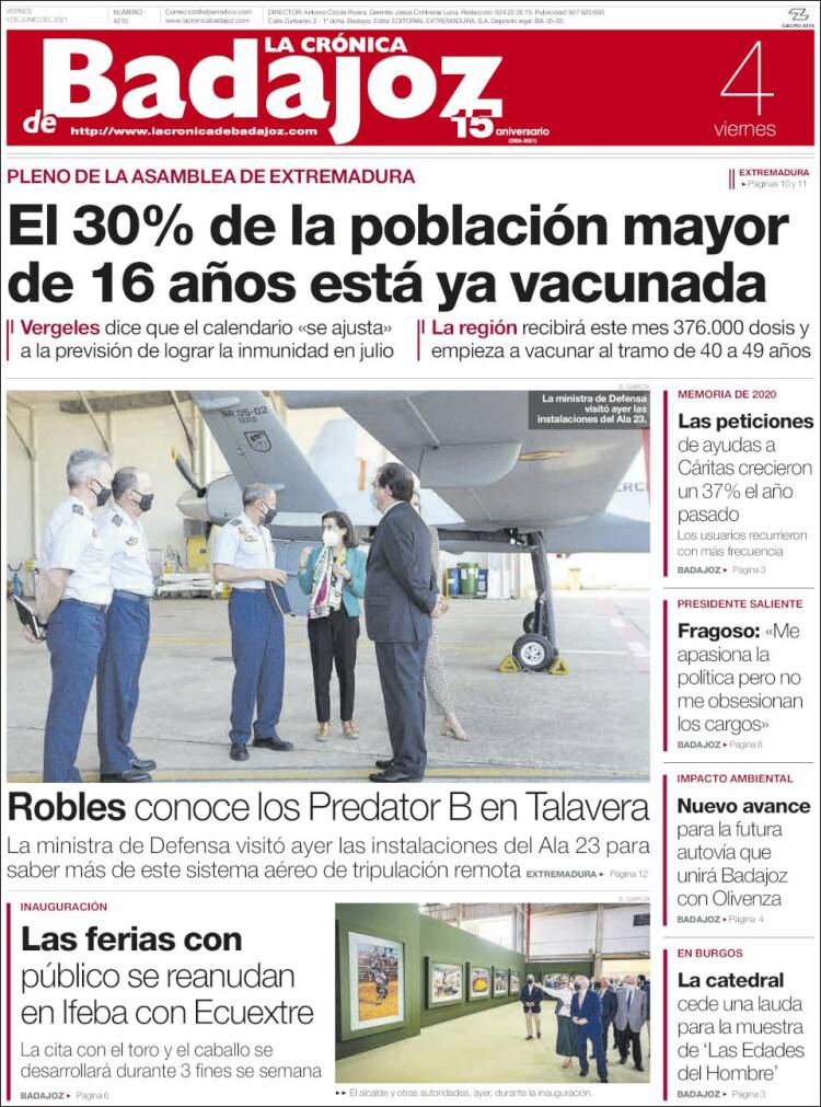 Portada de La Crónica de Badajoz (España)