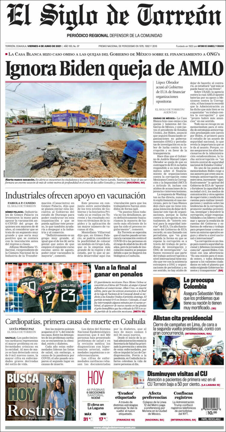 Portada de El Siglo de Torreon (México)