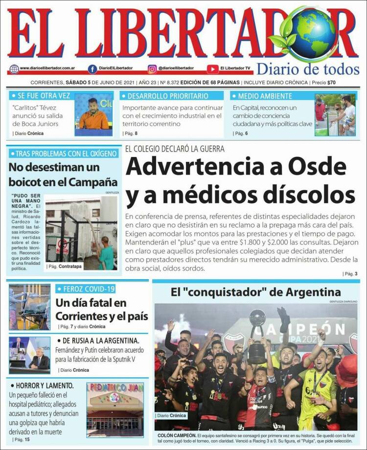 Portada de Diario El Libertador (Argentina)