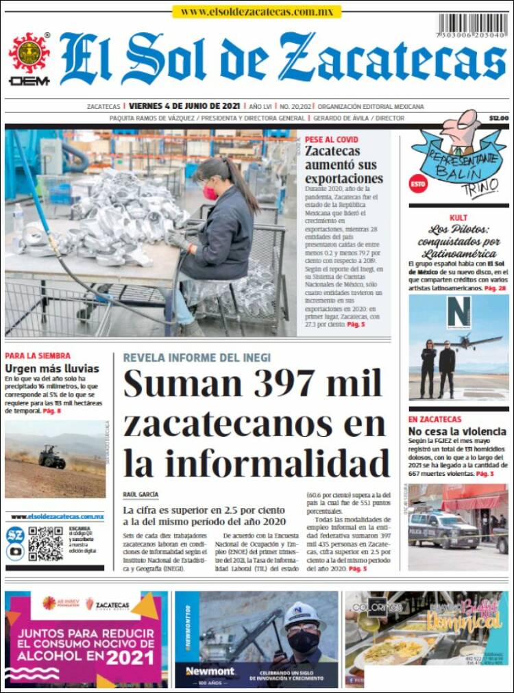 Portada de El Sol de Zacatecas (México)