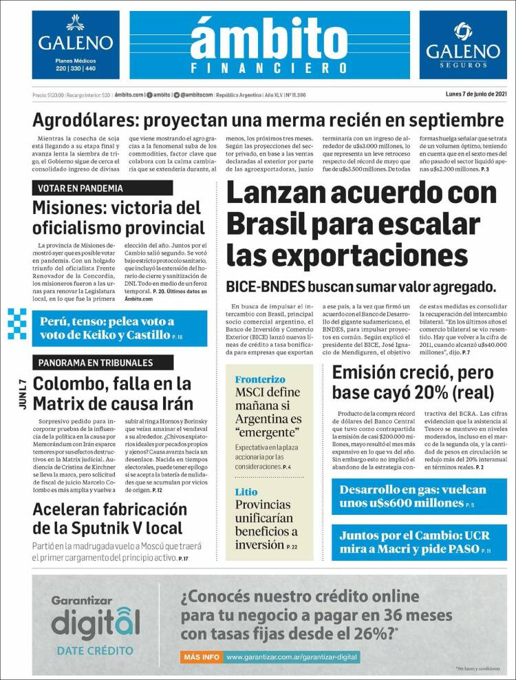 Portada de Diario Ambito Financiero (Argentina)