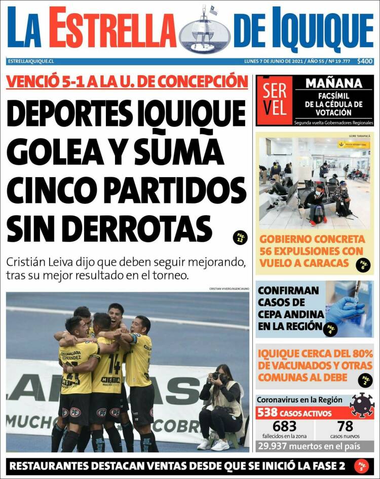 Portada de La Estrella de Iquique (Chile)