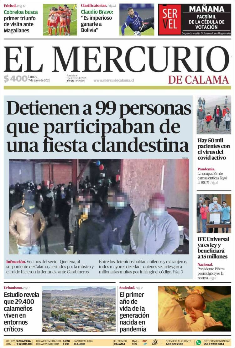 Portada de El Mercurio - Calama (Chile)