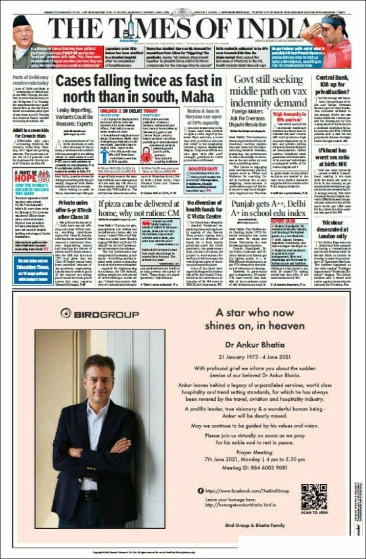 Portada de The Times of India (India)