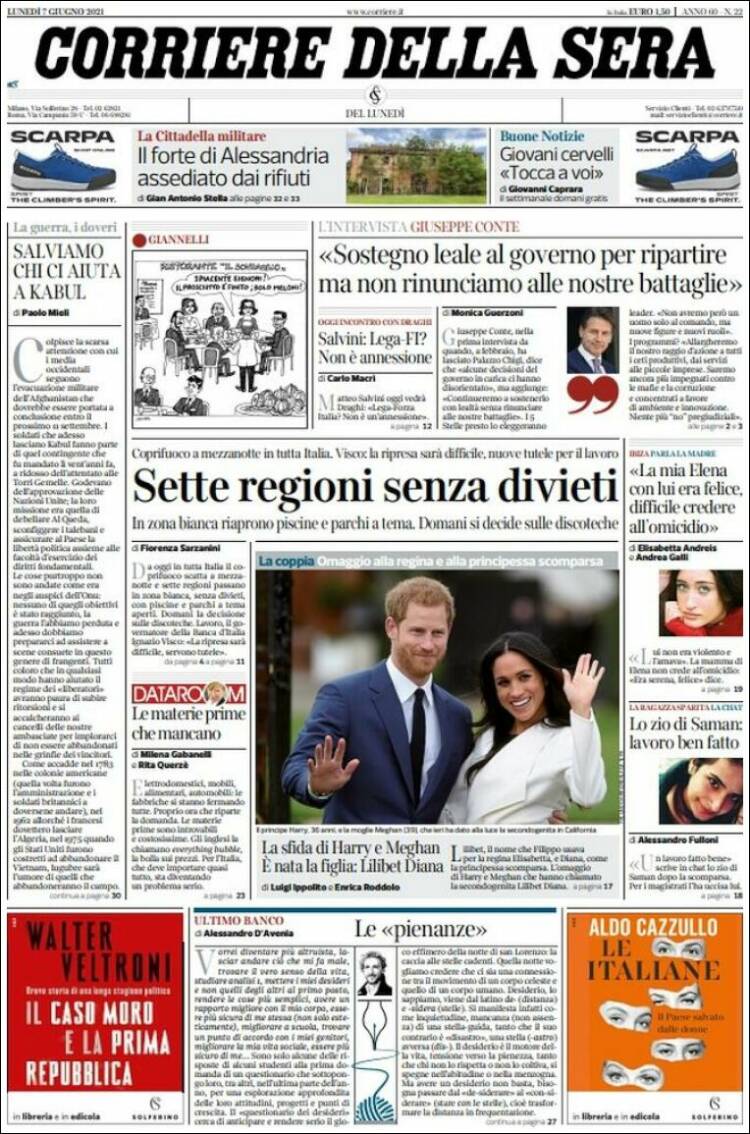Portada de Corriere della Sera (Italia)