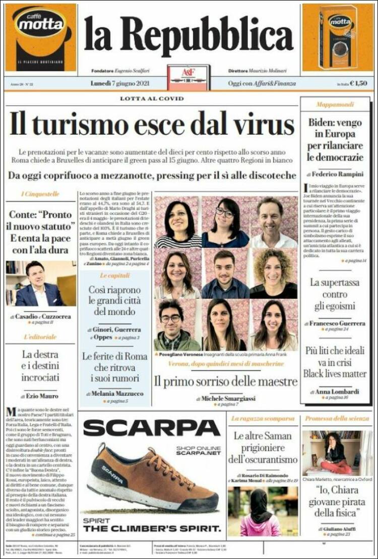 Portada de La Repubblica (Italia)