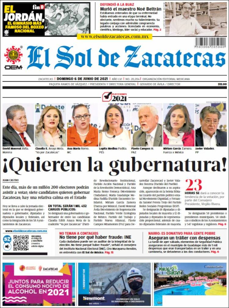 Portada de El Sol de Zacatecas (M&eacute;xico)