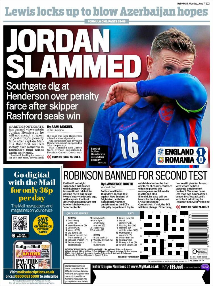 Portada de Daily Mail Sport (Reino Unido)