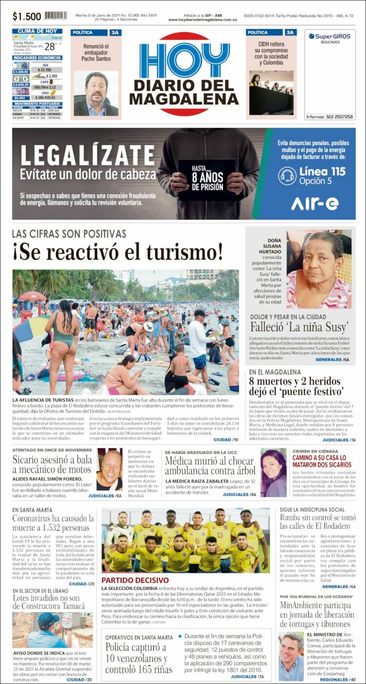 Portada de Hoy Diario del Magdalena (Colombia)