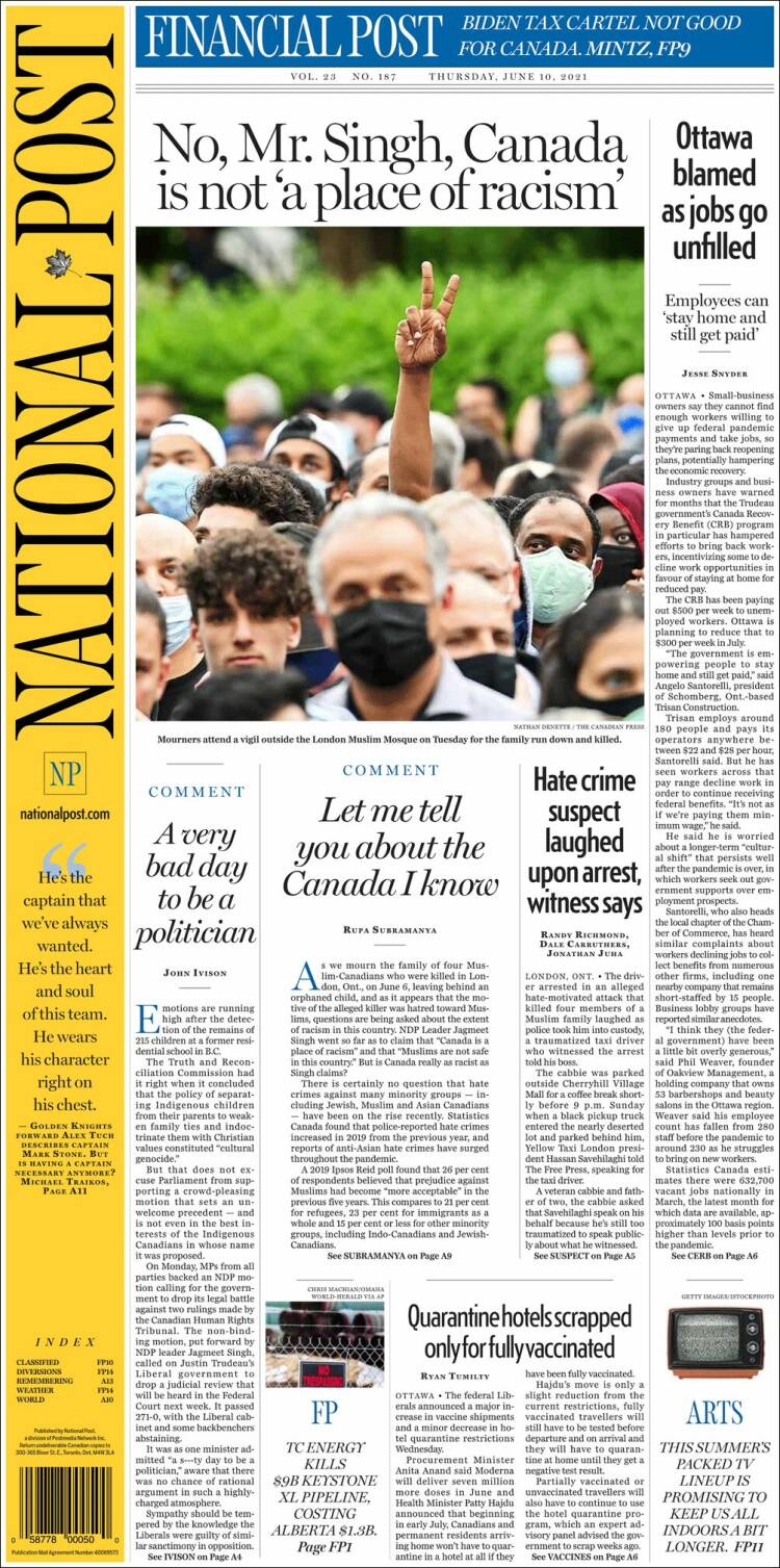 Portada de The National Post (Canada)