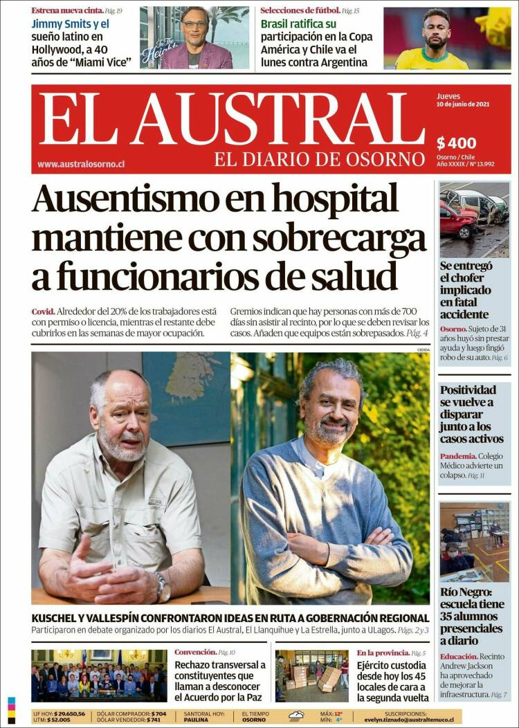 Portada de El Austral de Osorno (Chile)
