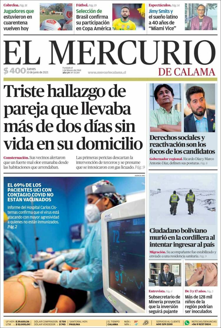 Portada de El Mercurio - Calama (Chile)