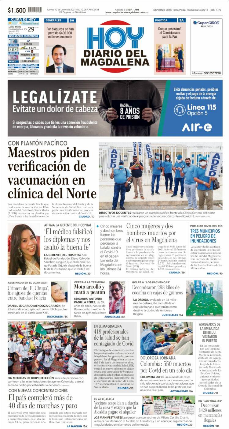 Portada de Hoy Diario del Magdalena (Colombia)