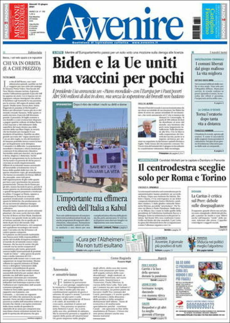 Portada de Avvenire (Italia)