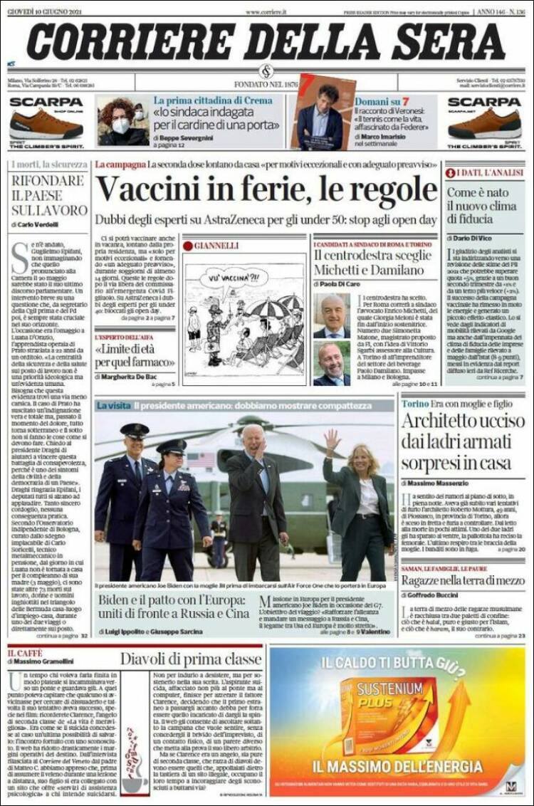 Portada de Corriere della Sera (Italia)