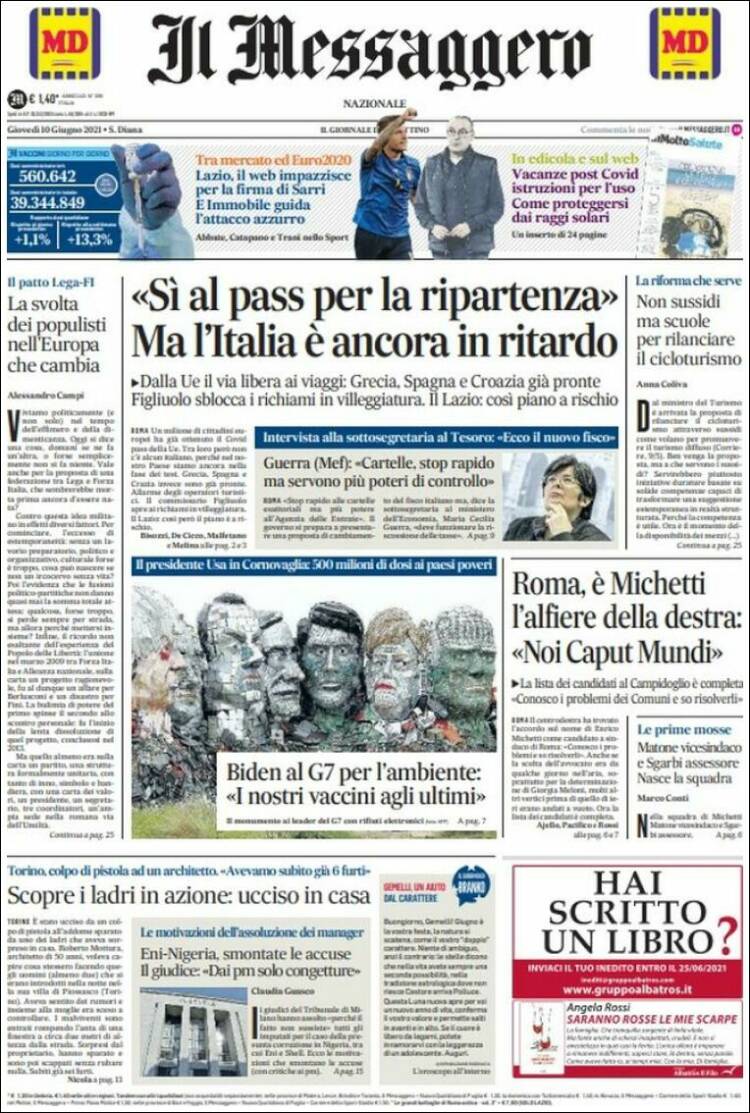 Portada de Il Messaggero (Italia)