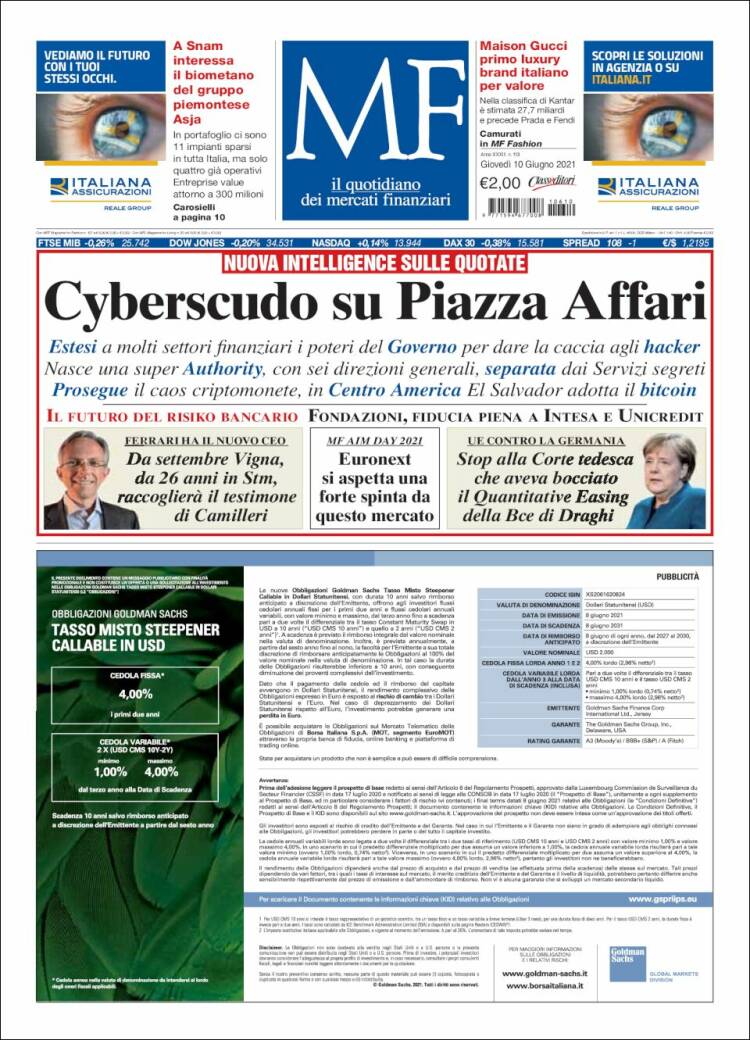 Portada de Milano Finanza (Italia)