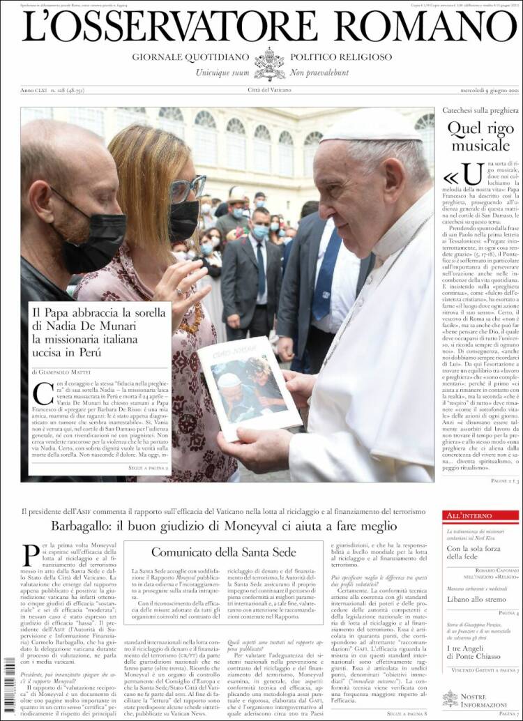 Portada de L'Osservatore Romano (Italia)
