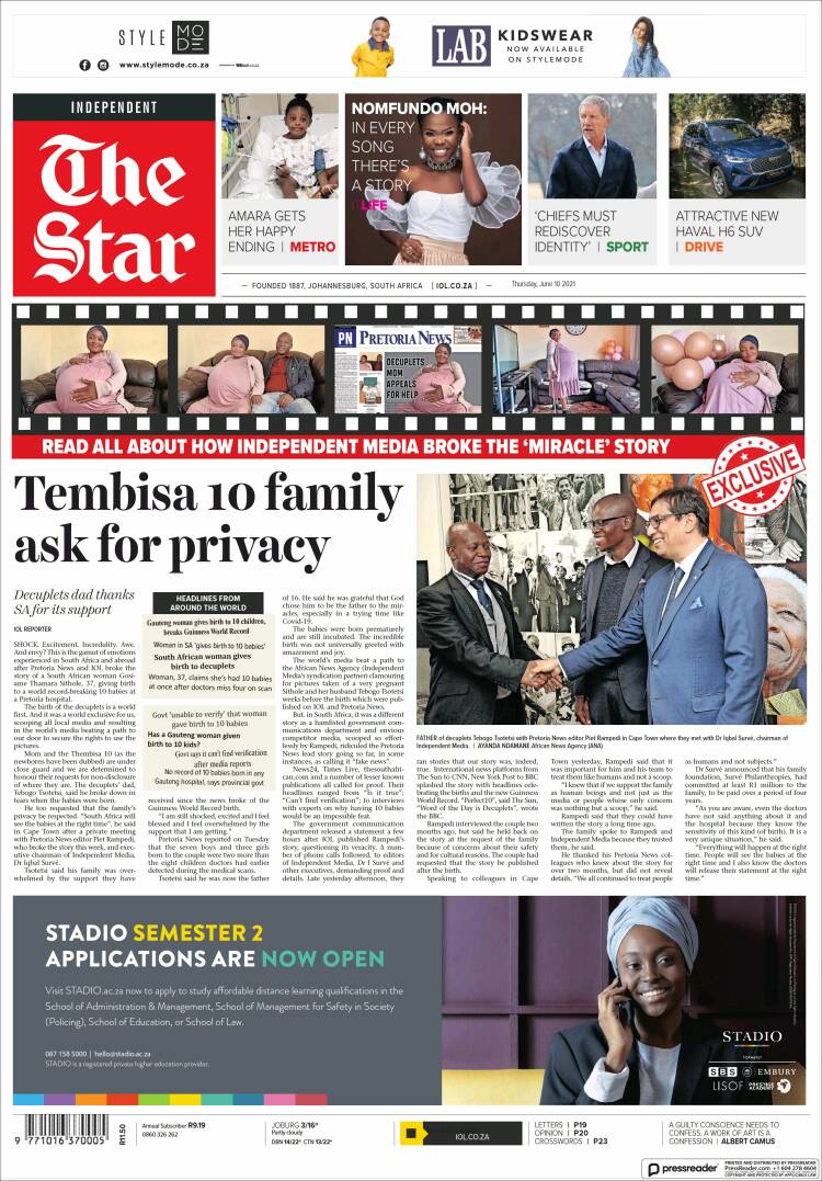 Portada de The Star (Sud&aacute;frica)