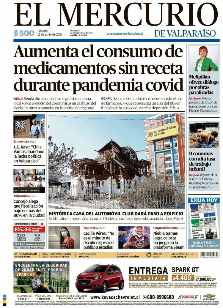 Portada de Mercurio de Valparaiso (Chile)