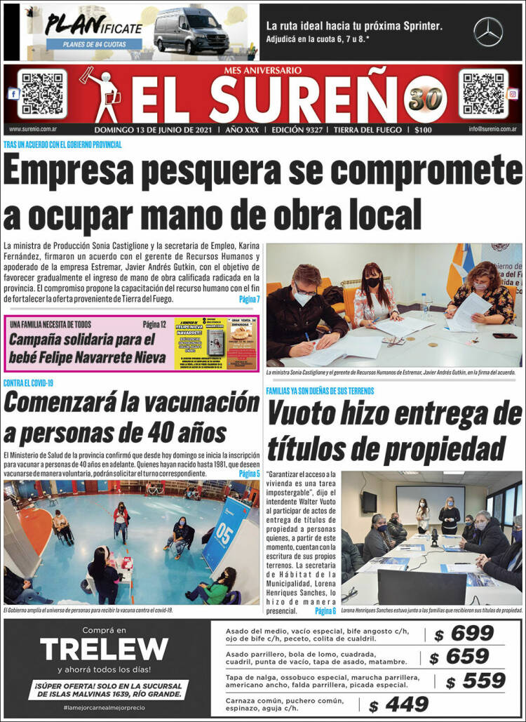 Portada de Diario El Sureño (Argentina)