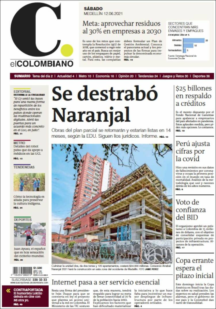 Portada de El Colombiano (Colombia)