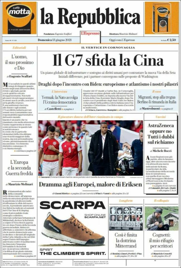 Portada de La Repubblica (Italia)