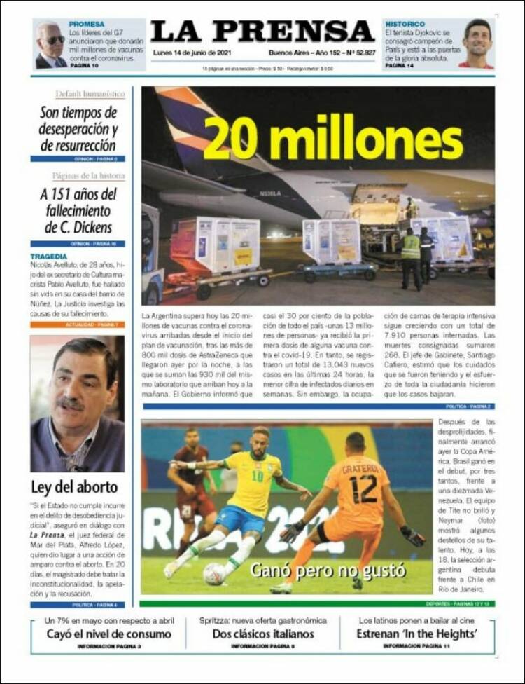 Portada de La Prensa (Argentina)