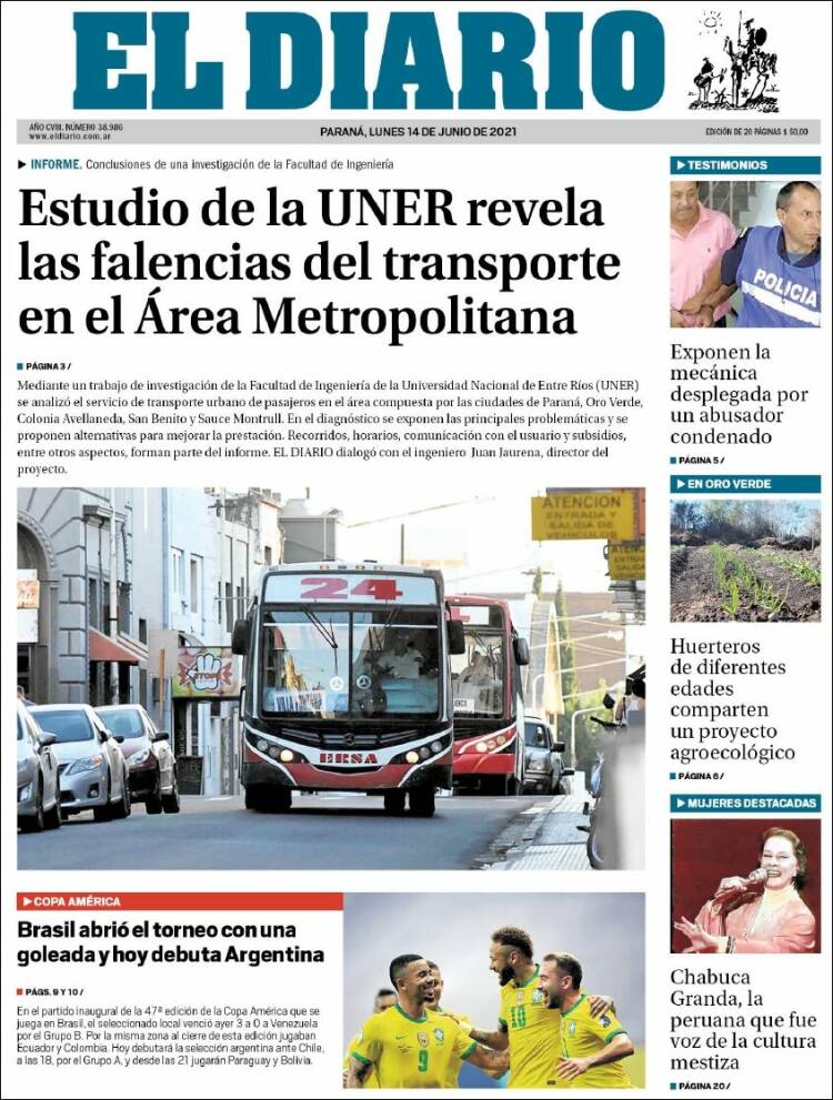 Portada de El Diario de Paraná (Argentina)