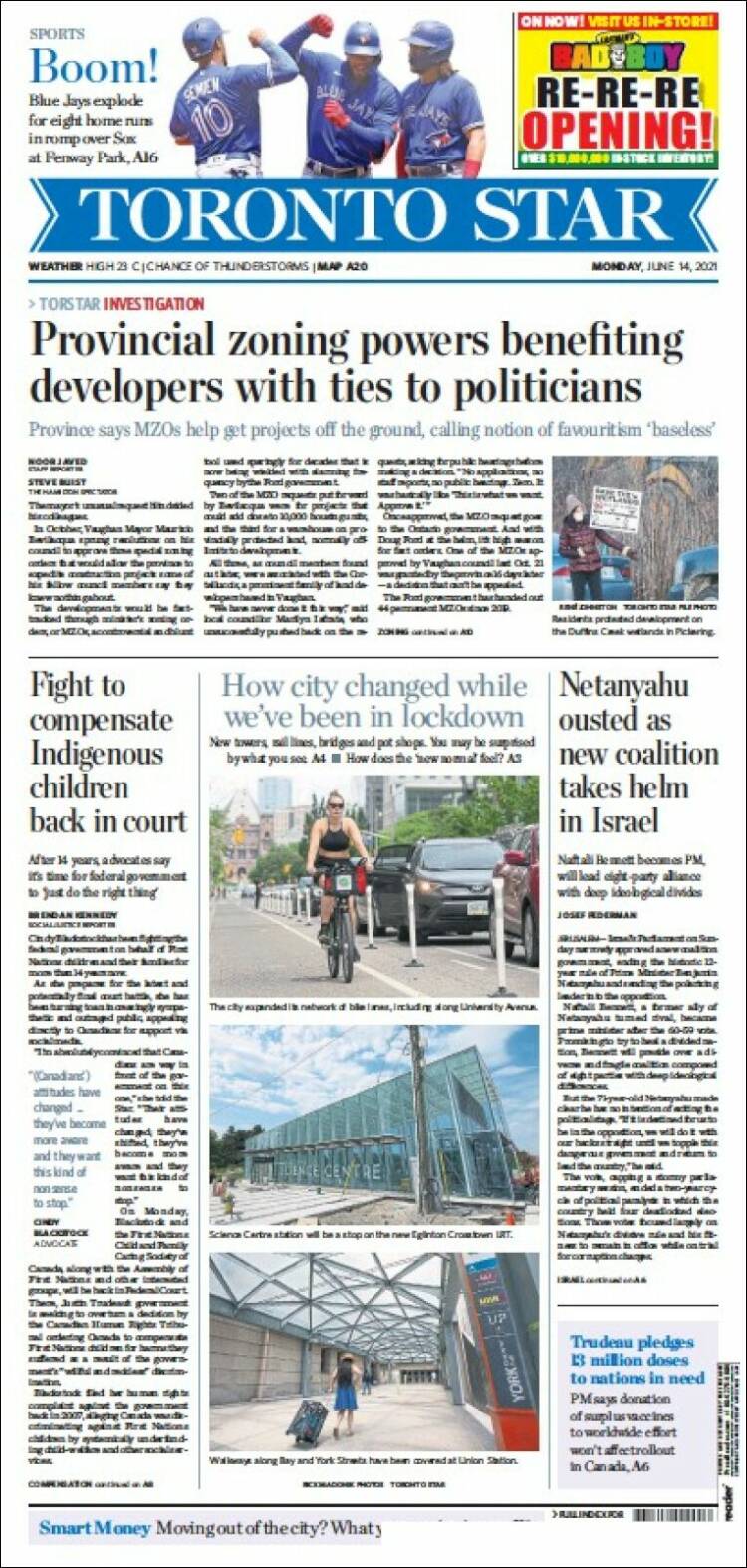 Portada de The Toronto Star (Canadá)