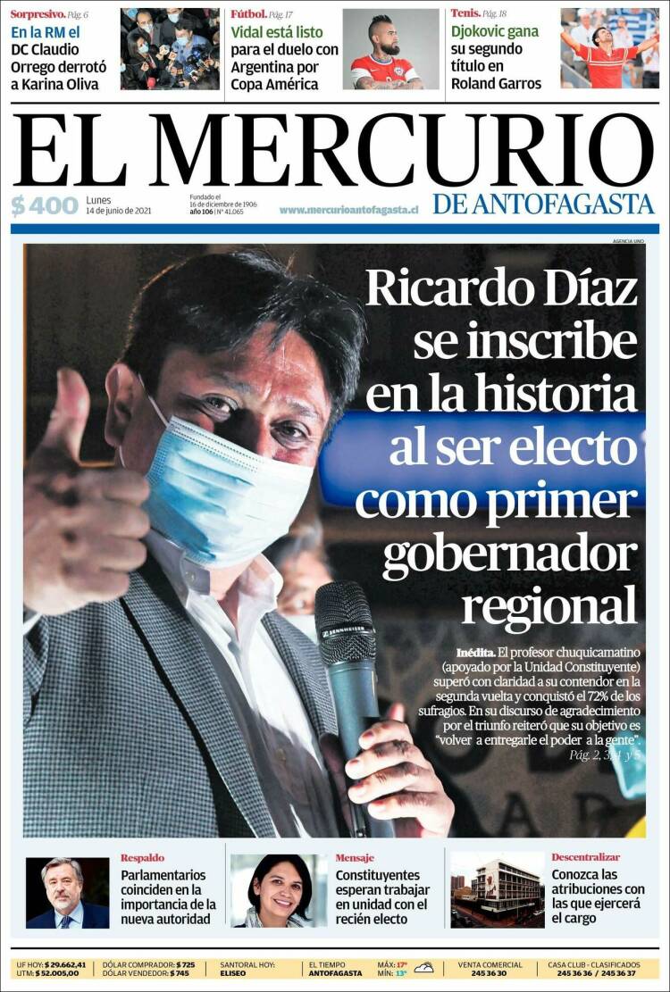 Portada de El Mercurio de Antofagasta (Chile)