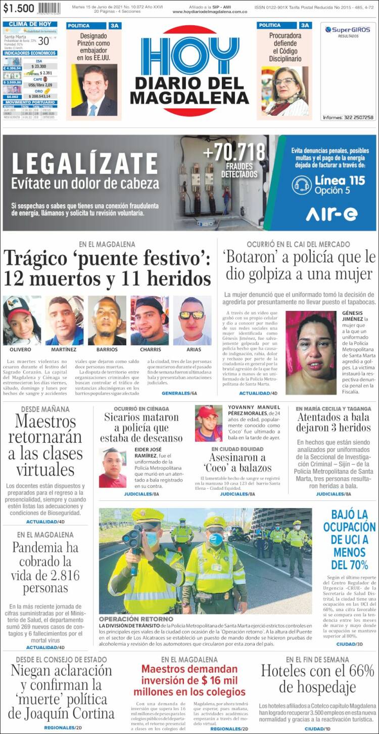 Portada de Hoy Diario del Magdalena (Colombia)