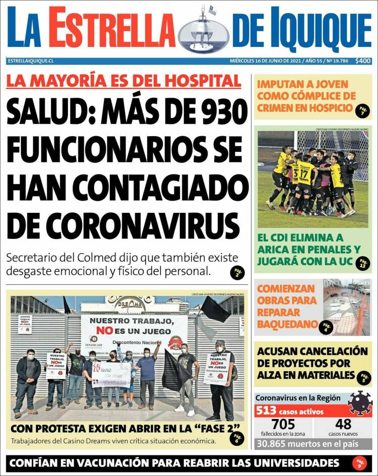 Portada de La Estrella de Iquique (Chile)