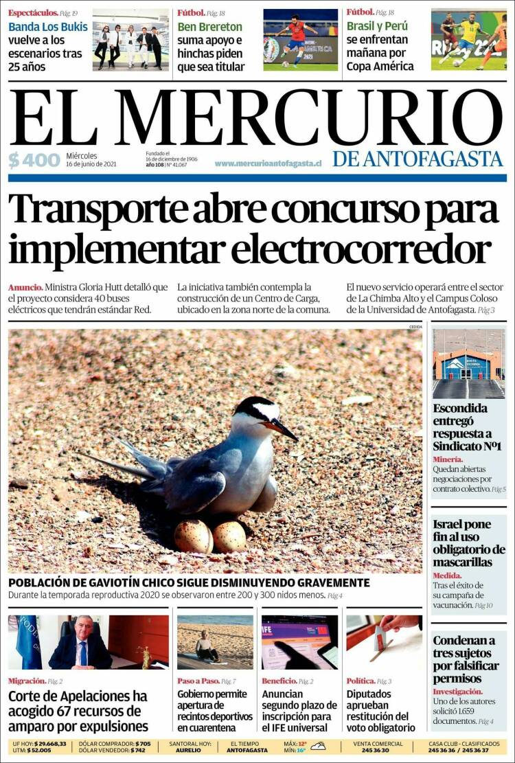 Portada de El Mercurio de Antofagasta (Chile)